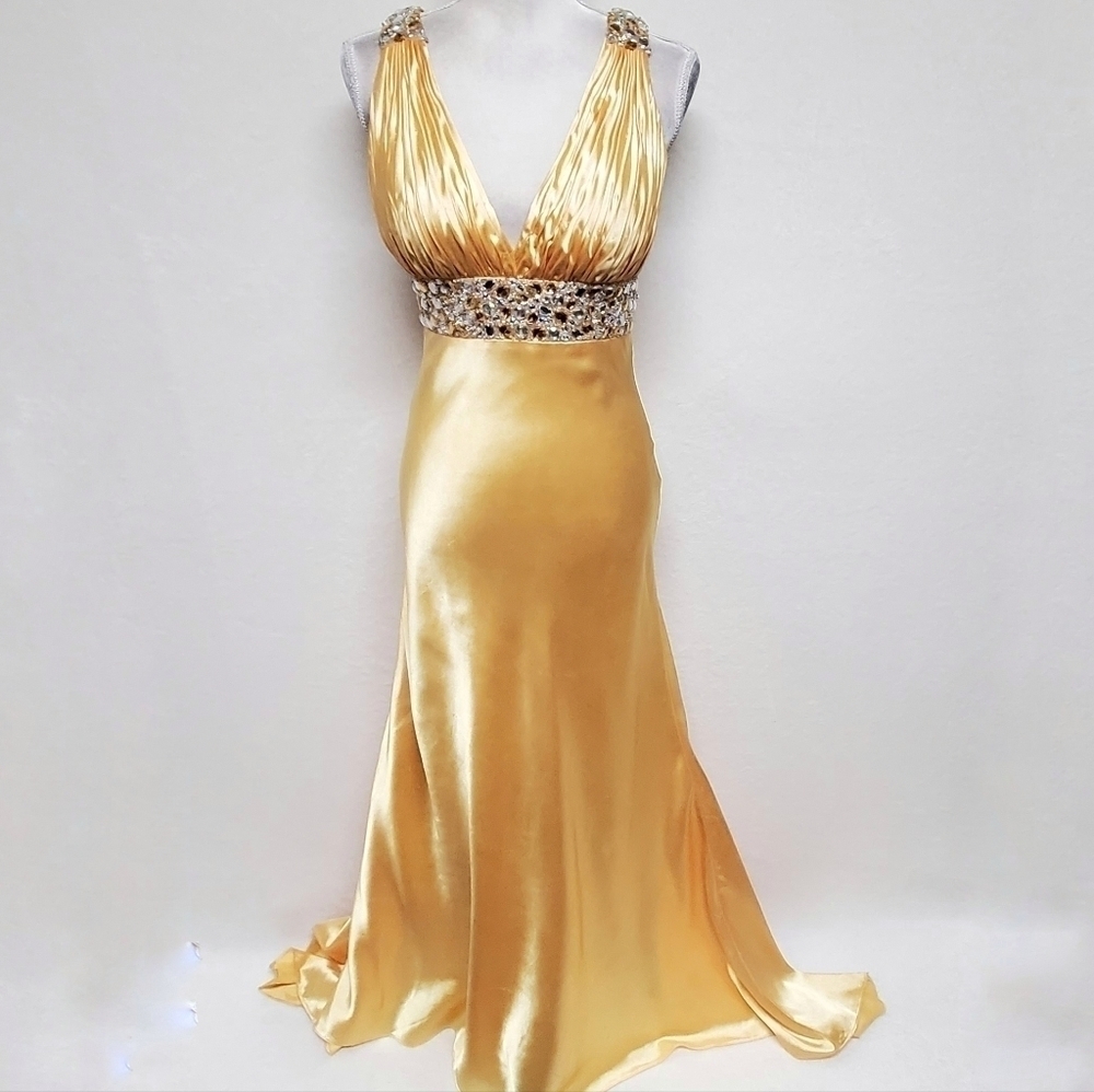 Vintage Beyond Jovani Yellow Charmeuse Shimmer V-neck Beaded Backless Maxi Dress - Picture 4 of 16